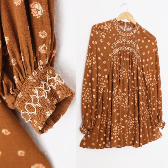 Free People Flowers In Her Hair Brown Boho Tunic Longline S Smocked Ditsy $118 - Picture 9 of 16
